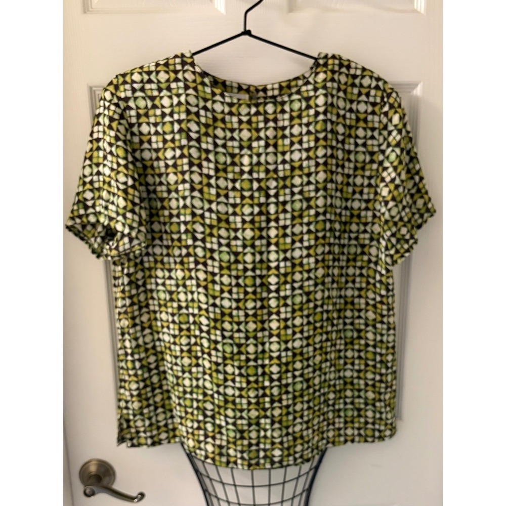 Vintage Gianni Sport Geometric Print Blouse Made in USA Green Brown Sz L
